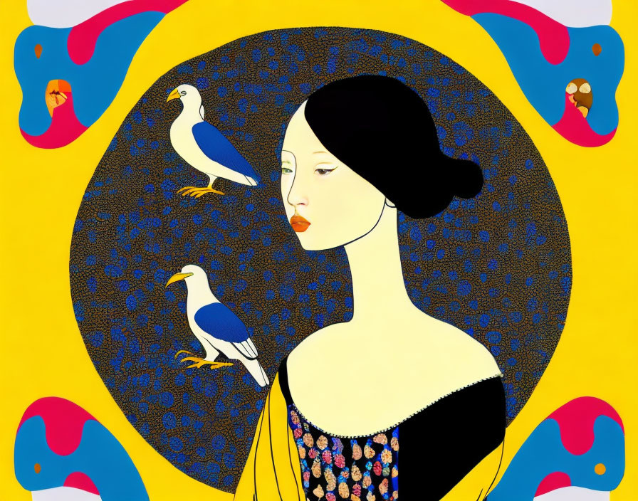 Stylized illustration of woman with birds on yellow background