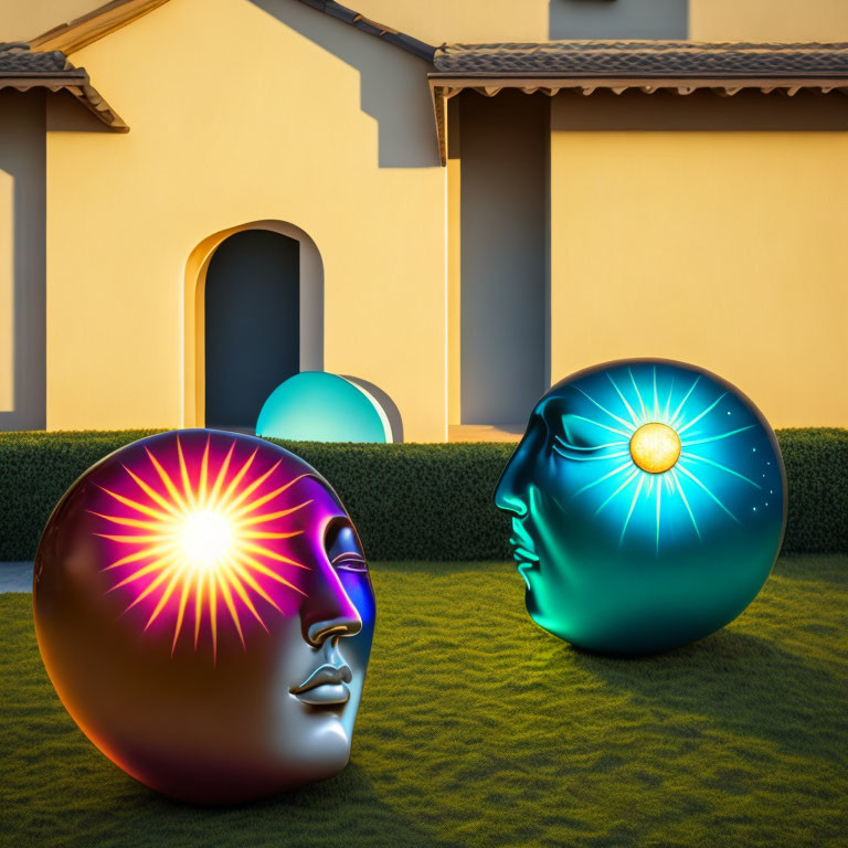 Spherical human face sculptures with sun and moon designs at sunset