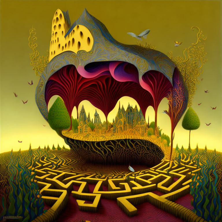 Fantastical surrealistic painting: Melting yellow castle, labyrinthine fields, whimsical trees,