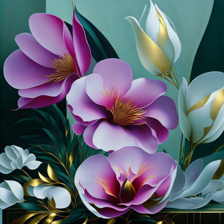 Detailed Purple and White Flower Illustration on Teal Background