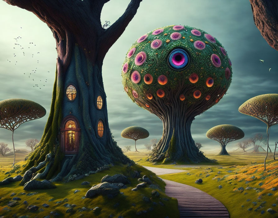 Whimsical fantasy landscape with unique trees and glowing windows