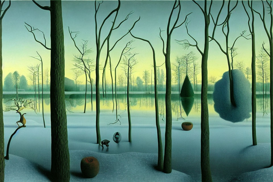 Snow-covered forest painting: Frozen lake, twilight sky, serene atmosphere