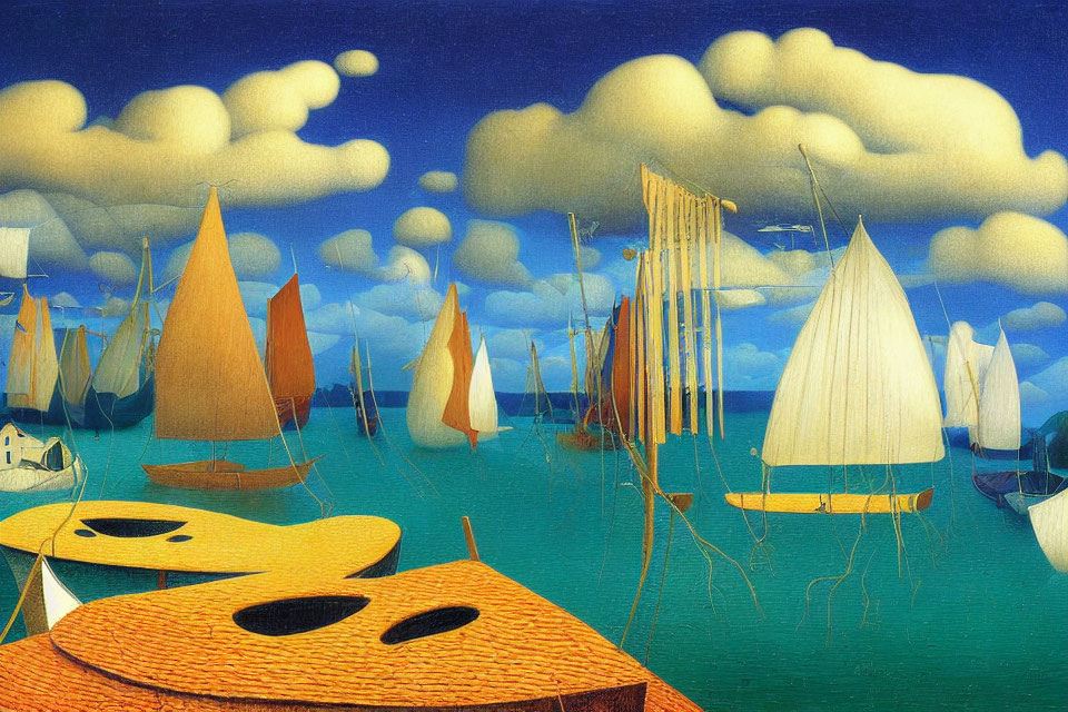 Colorful Sailboats Painting with Surreal Violin Dockyards