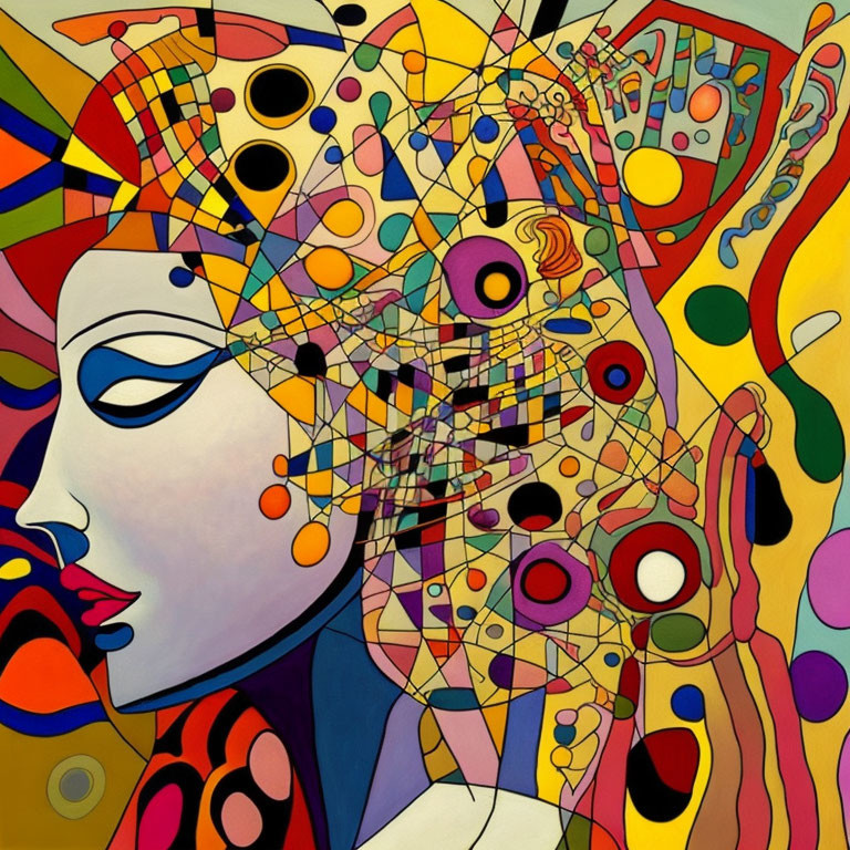 Colorful Abstract Painting with Stylized Face Profile & Geometric Shapes