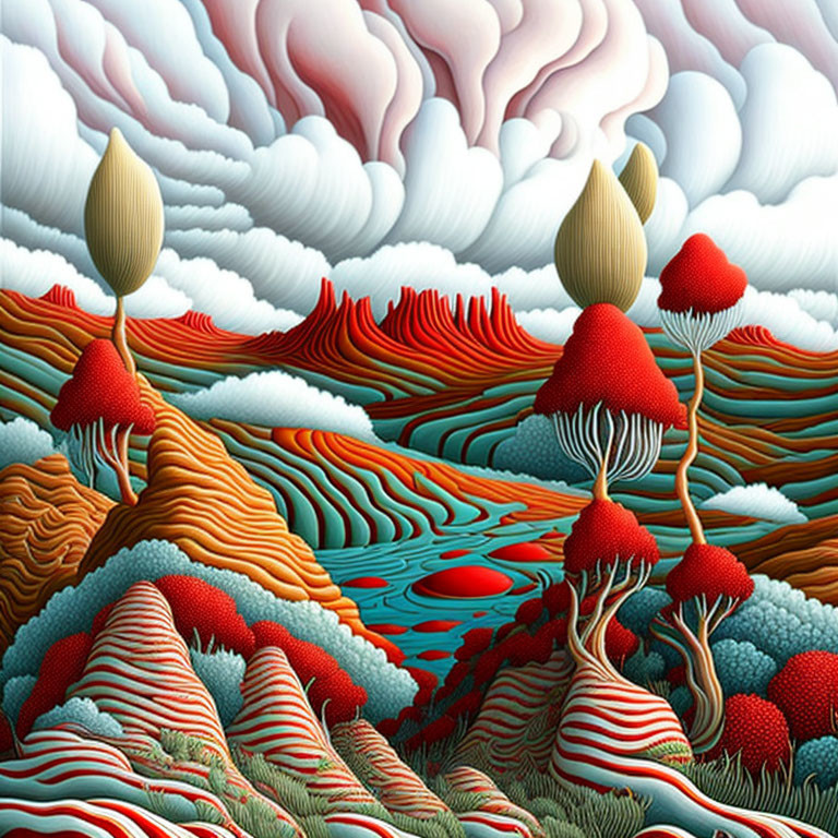 Striped hills, stylized trees, fluffy clouds in surreal landscape