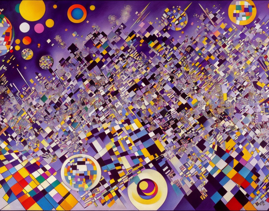 Colorful Geometric Abstract Painting with Checkerboards, Circles, and Squares on Purple Background