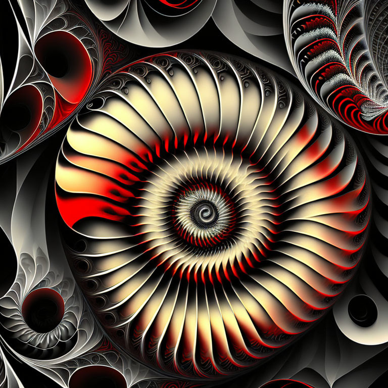 Red and Black Swirling Fractal Art with Shell-Like Details