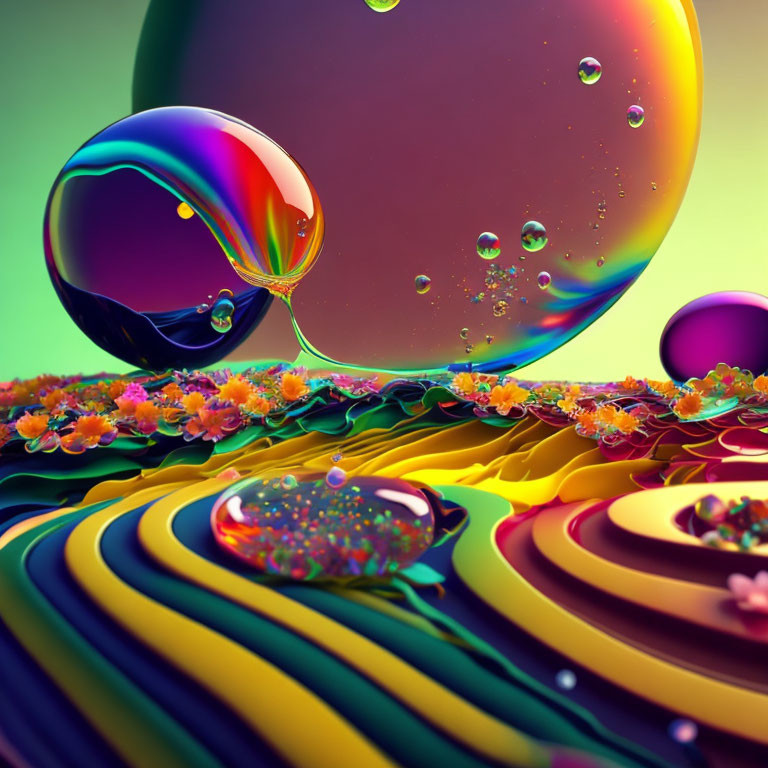 Colorful 3D Artwork: Glossy Spheres, Liquid Droplets, Flower Patterns on