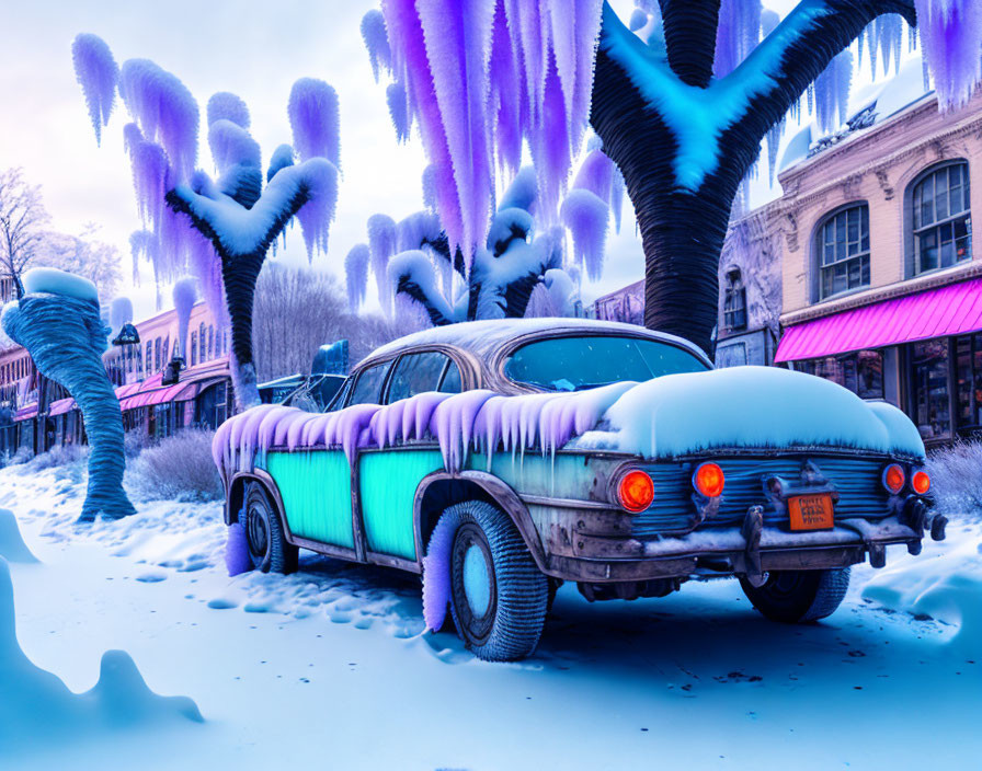 Vintage Car Covered in Icicles on Snowy Street with Purple-Tinted Winter Scene