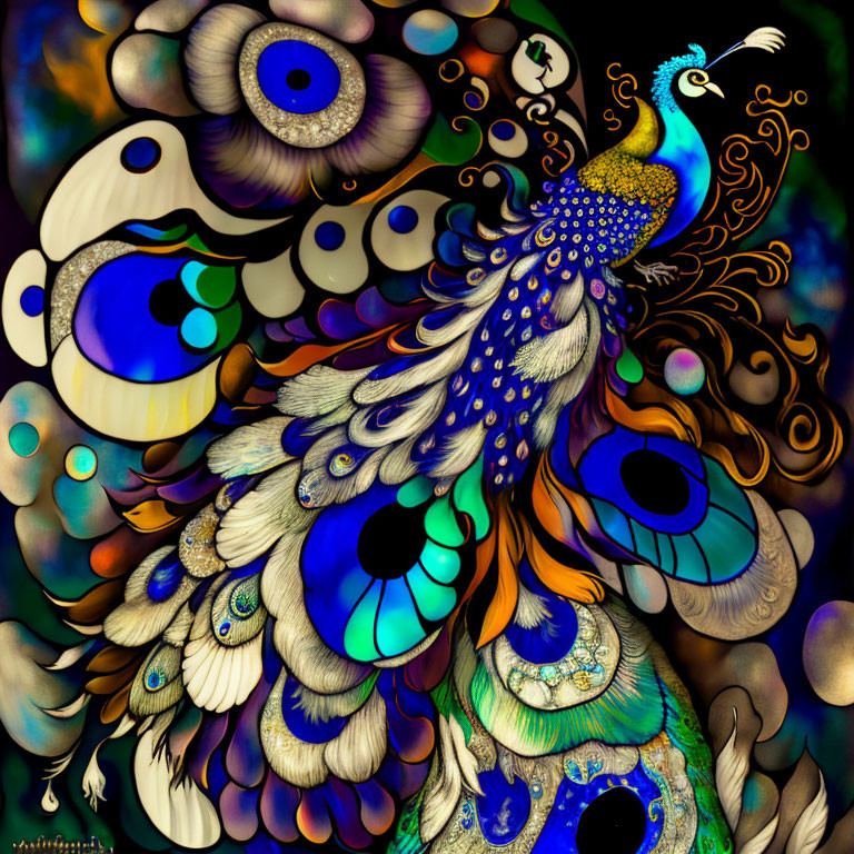 Colorful peacock with eye-filled plumage on psychedelic background