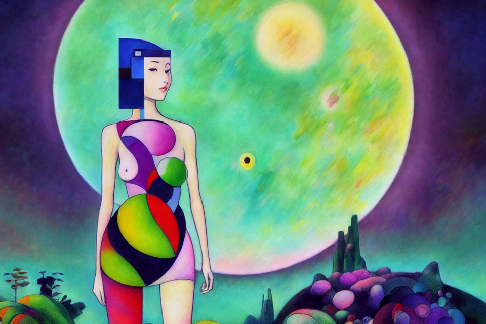 Vibrant painting of woman with geometric patterns under large moon