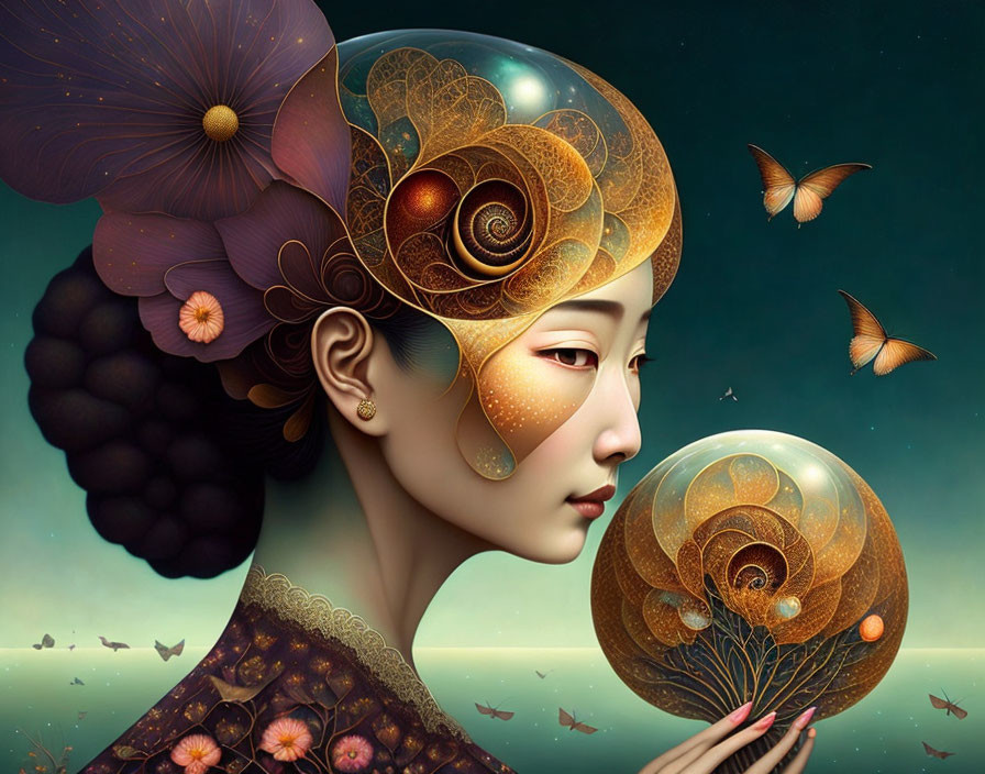 Stylized portrait of woman with golden floral headpiece and butterflies in dusk sky