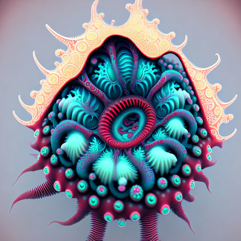 Vivid 3D fractal: Abstract, ornate organism with intricate patterns