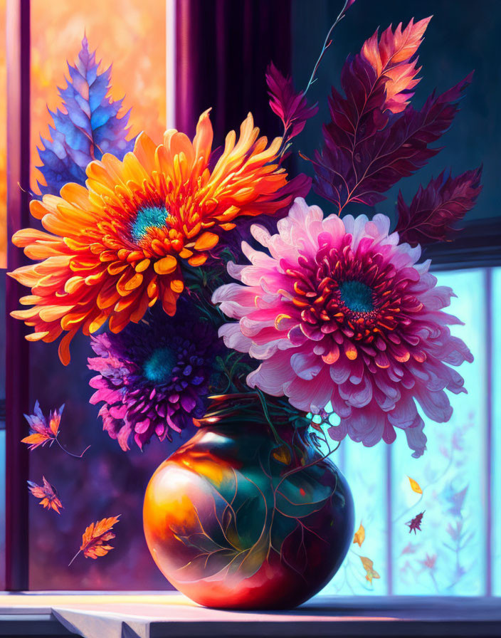 Colorful Flower Bouquet in Red Vase with Autumn Leaves and Butterflies