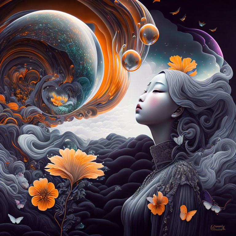 Surreal portrait of woman with flowing hair and vibrant nature elements