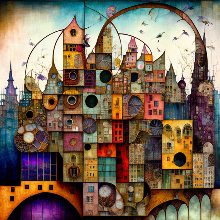 Colorful cityscape artwork with buildings, towers, arches, and flying birds at night