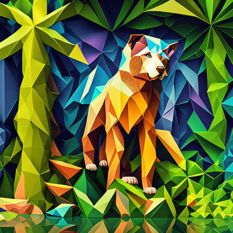 Vibrant geometric dog art with colorful triangles and polygons