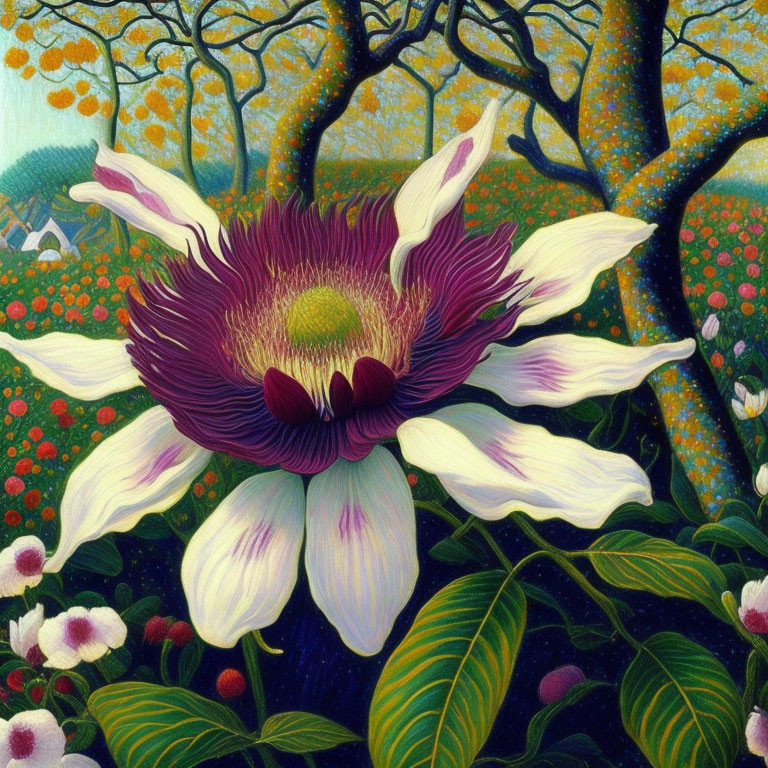 Detailed Purple and White Flower Painting in Lush Landscape