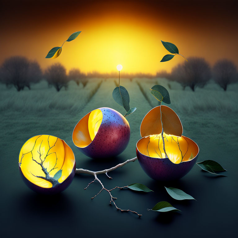 Surreal egg art: tree branch patterns, illuminated interiors, dusk orchard setting