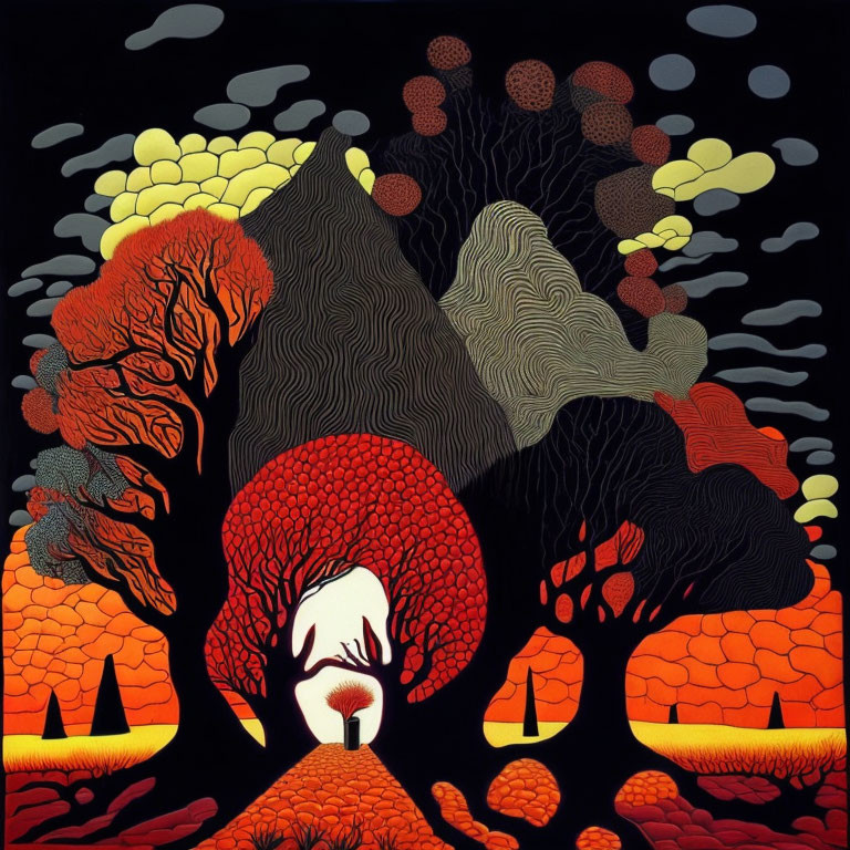 Abstract red tree painting on black background with surreal atmosphere