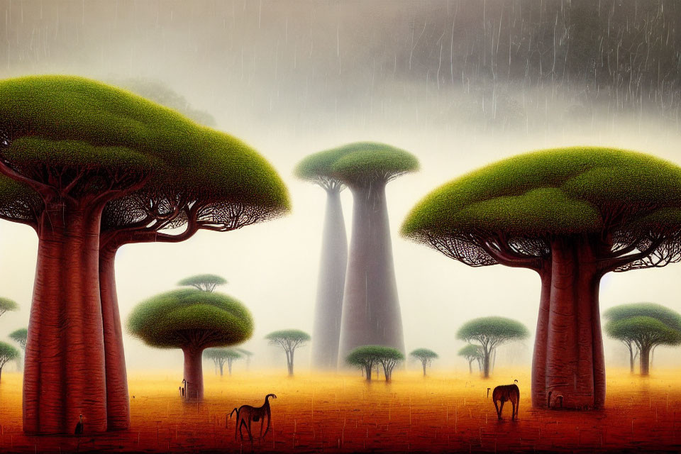 Rain-soaked savanna with baobab trees and giraffes in lush landscape