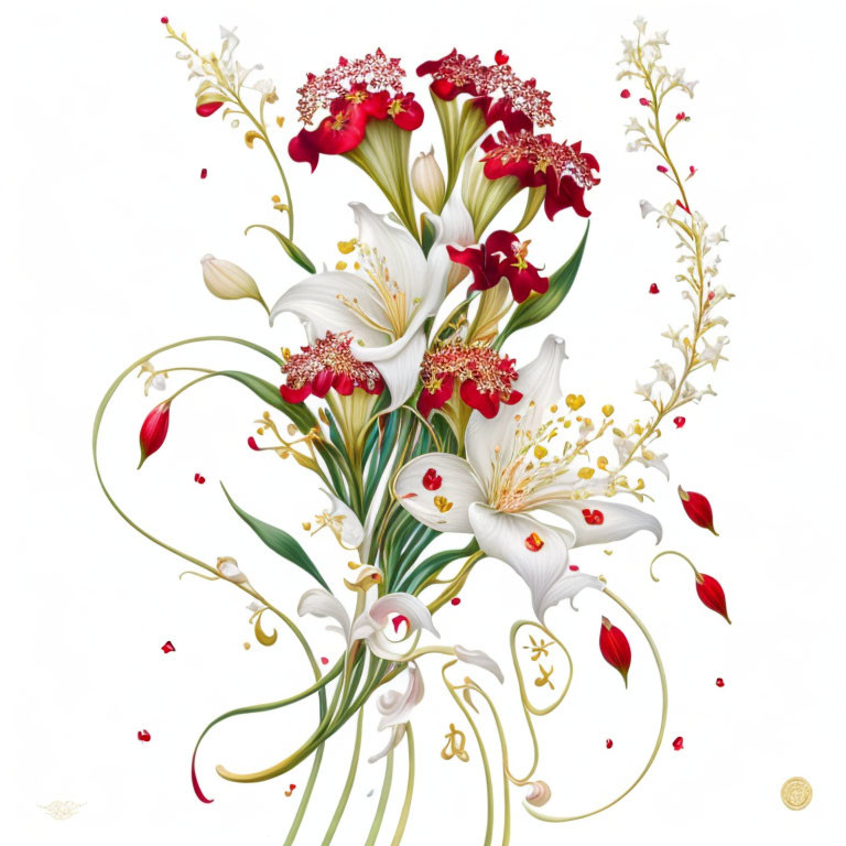 Detailed artistic illustration of white lilies, red flowers, and swirling green stems on white background