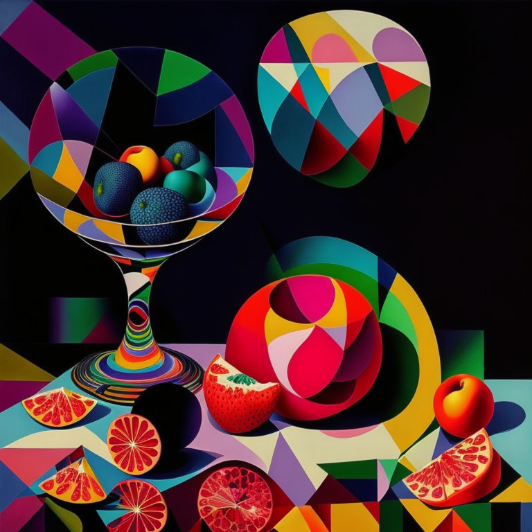 Colorful still life painting: martini glass, fruits, citrus, and strawberry on reflective surface