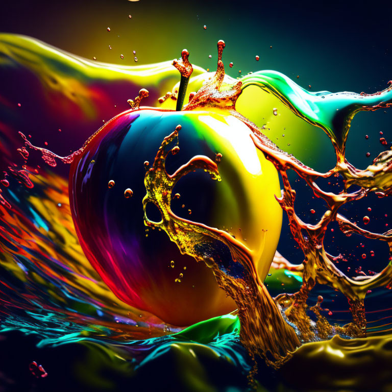 Vibrant liquid splash surrounding glossy rainbow sphere on dark backdrop