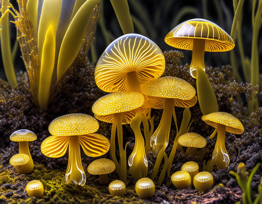 Glowing yellow mushrooms in dark forest setting