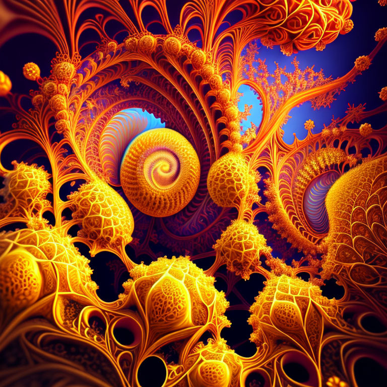 Colorful Fractal Image with Spiral and Branching Patterns in Orange, Yellow, and Blue