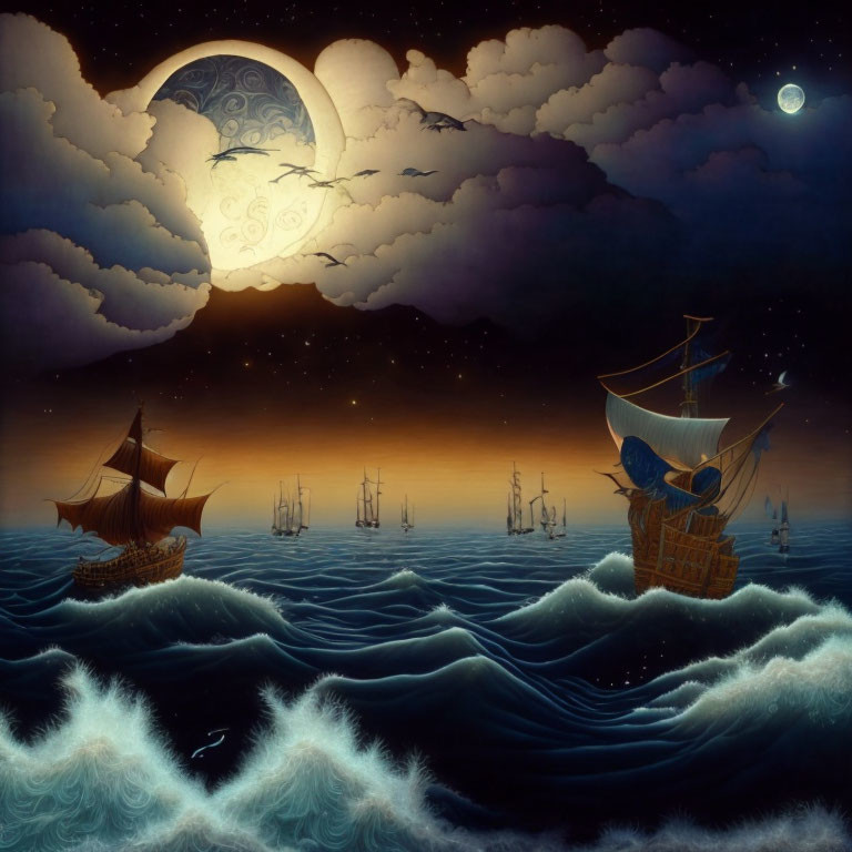 Turbulent seas with sailing ships, moon, and witch silhouette