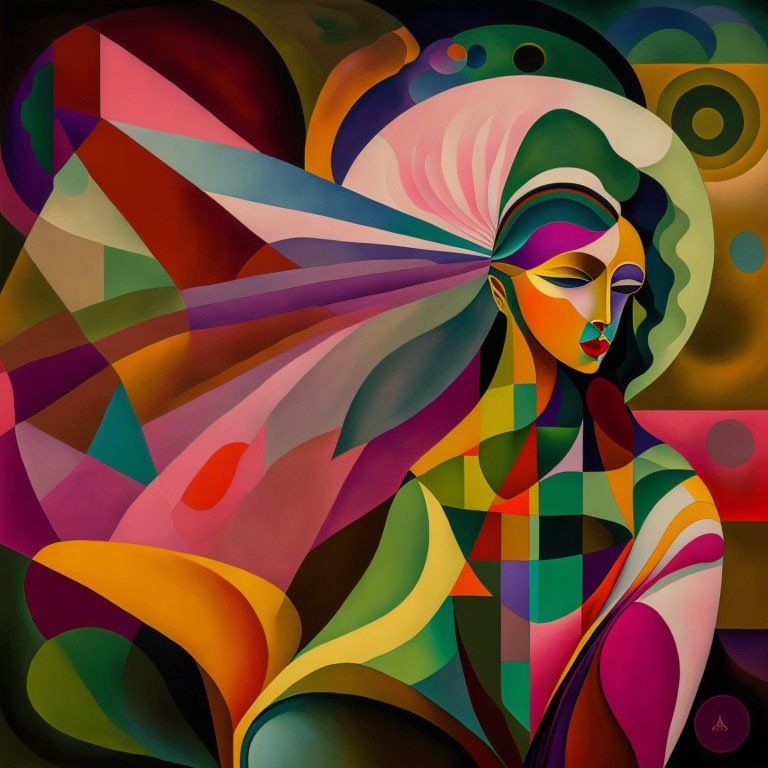 Vibrant abstract painting: stylized female figure, colorful geometric patterns