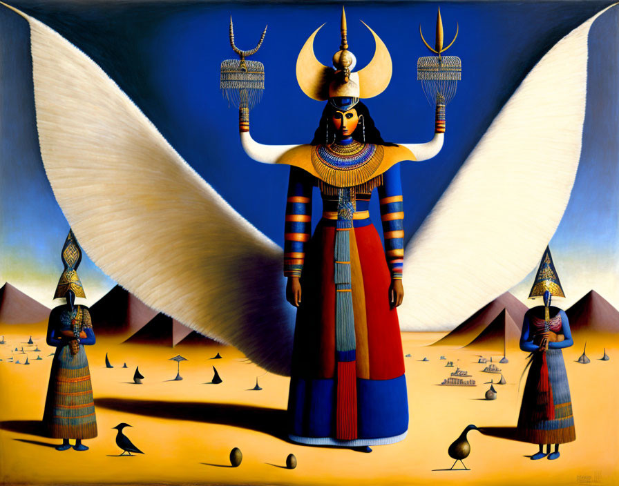 Surreal Egyptian-themed painting with imposing female figure and exaggerated wings.