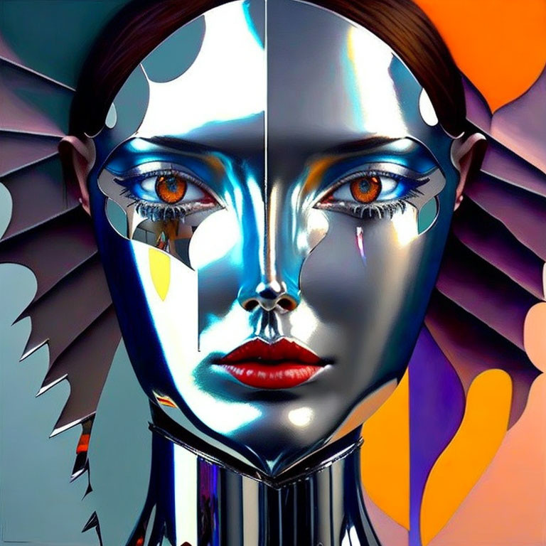 Symmetrical Face Graphic Design with Bold Colors and Abstract Elements