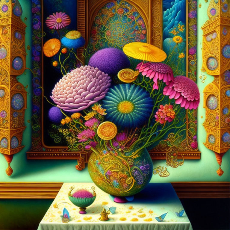 Colorful Still Life Painting with Ornate Vase and Stylized Flowers