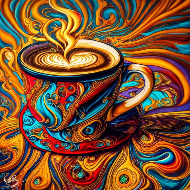 Colorful Artwork: Stylized Coffee Cup with Heart-shaped Steam