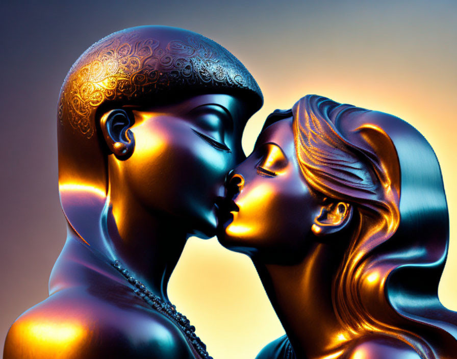 Metallic sculptures of human heads in close pose on gradient background