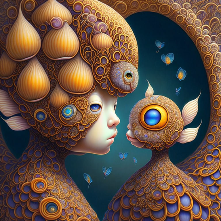 Surreal digital artwork: Faces with ornate patterns and captivating eyes, aquatic beings, fish,