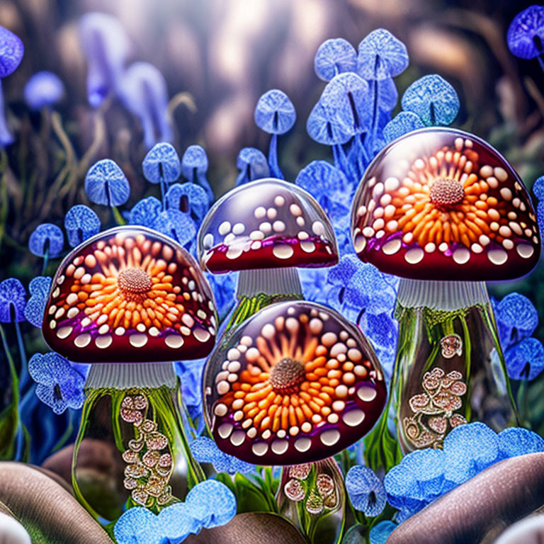 Colorful Fantasy Mushrooms Surrounded by Blue Flowers