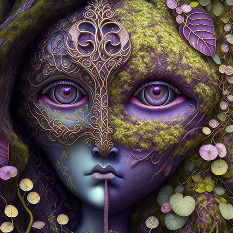 Digital artwork: Mystical female figure with violet eyes and nature-inspired mask.