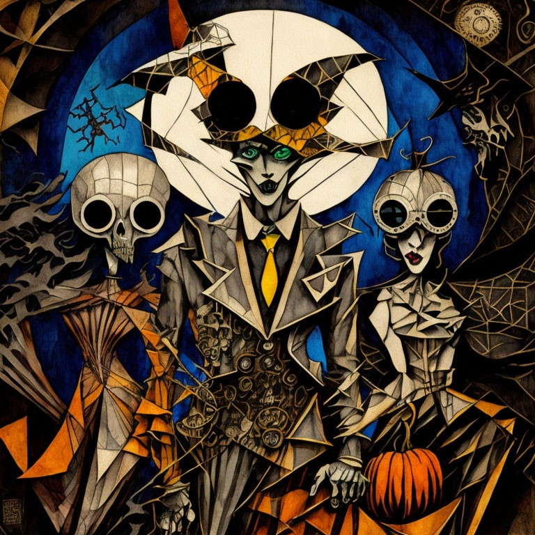 Stylized Halloween-themed illustration with pumpkin motifs and skulls