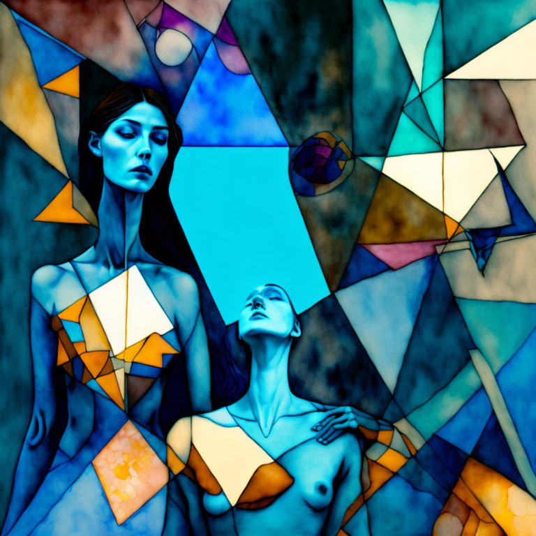 Stylized women with geometric shapes and vibrant colors in surreal art.