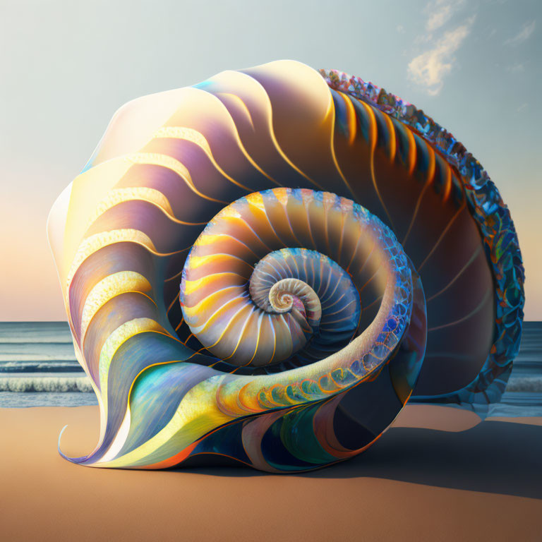 Colorful Nautilus Shell on Sandy Beach with Ocean Waves at Sunset