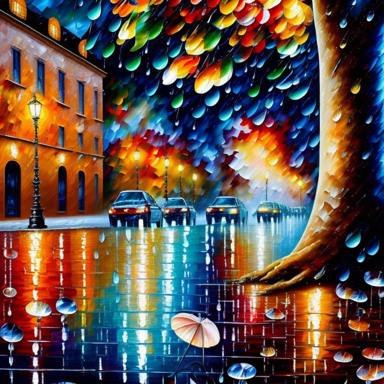 Colorful Rainy Night Street Scene with Tree and Street Lamps