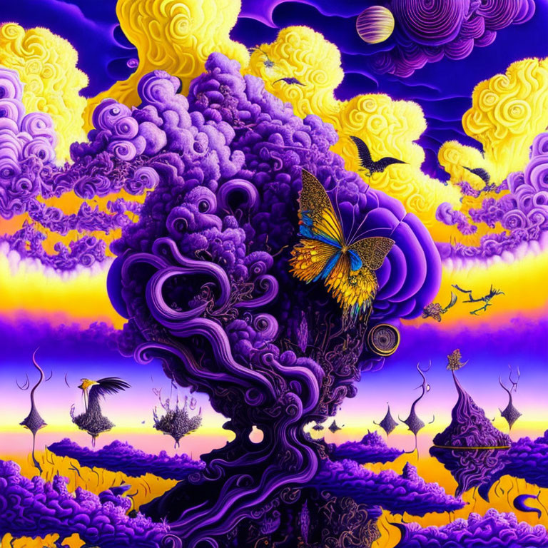 Surreal landscape with purple and yellow hues, swirling clouds, tree-like structure, fantastical flora