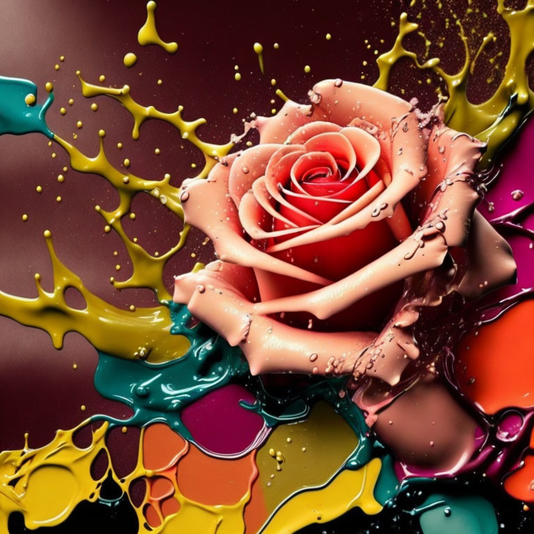 Colorful rose surrounded by multicolored liquid splashes