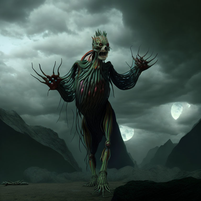 Fantasy creature with skeletal face and crown under dual-moon sky in dark landscape