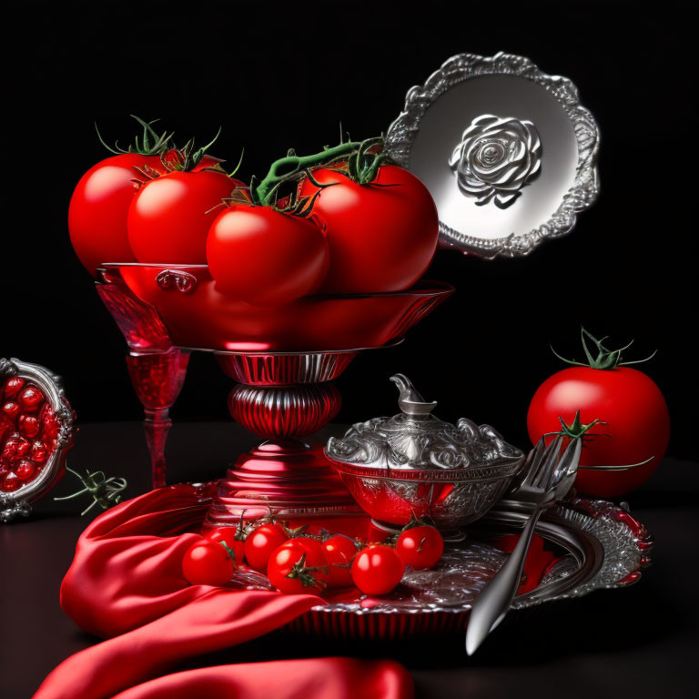 Ripe tomatoes, pomegranate seeds, and silver dishes on dark background