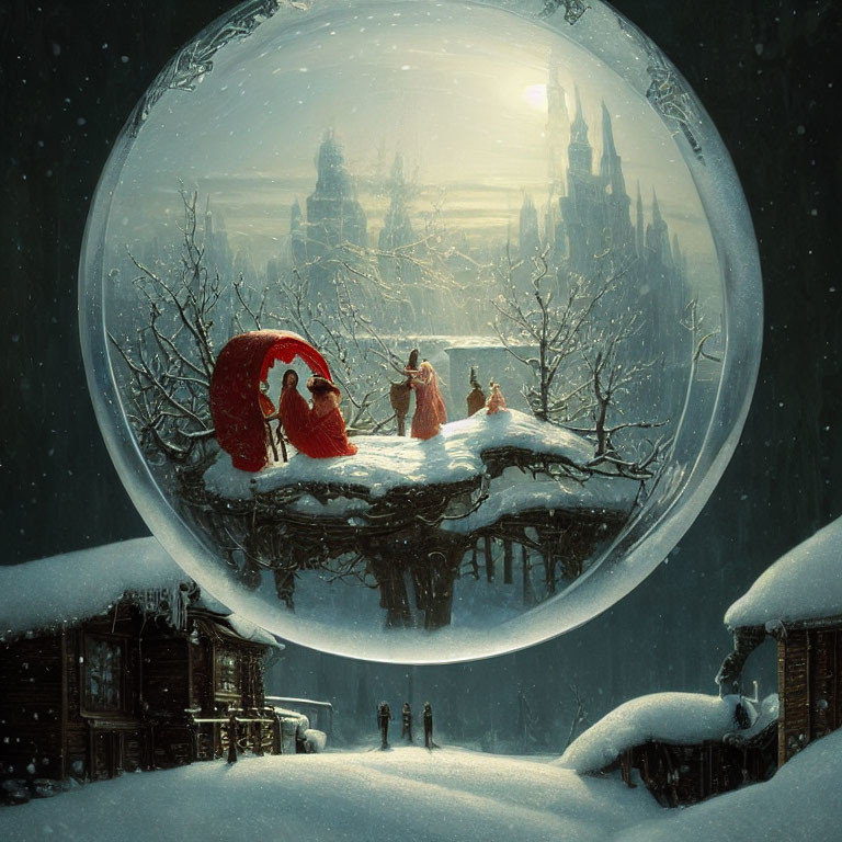 Snow Globe Winter Scene with Red Cloaked Figure and Castle