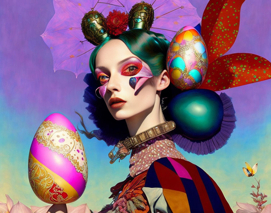 Colorful Easter-themed surreal portrait of a woman with artistic makeup